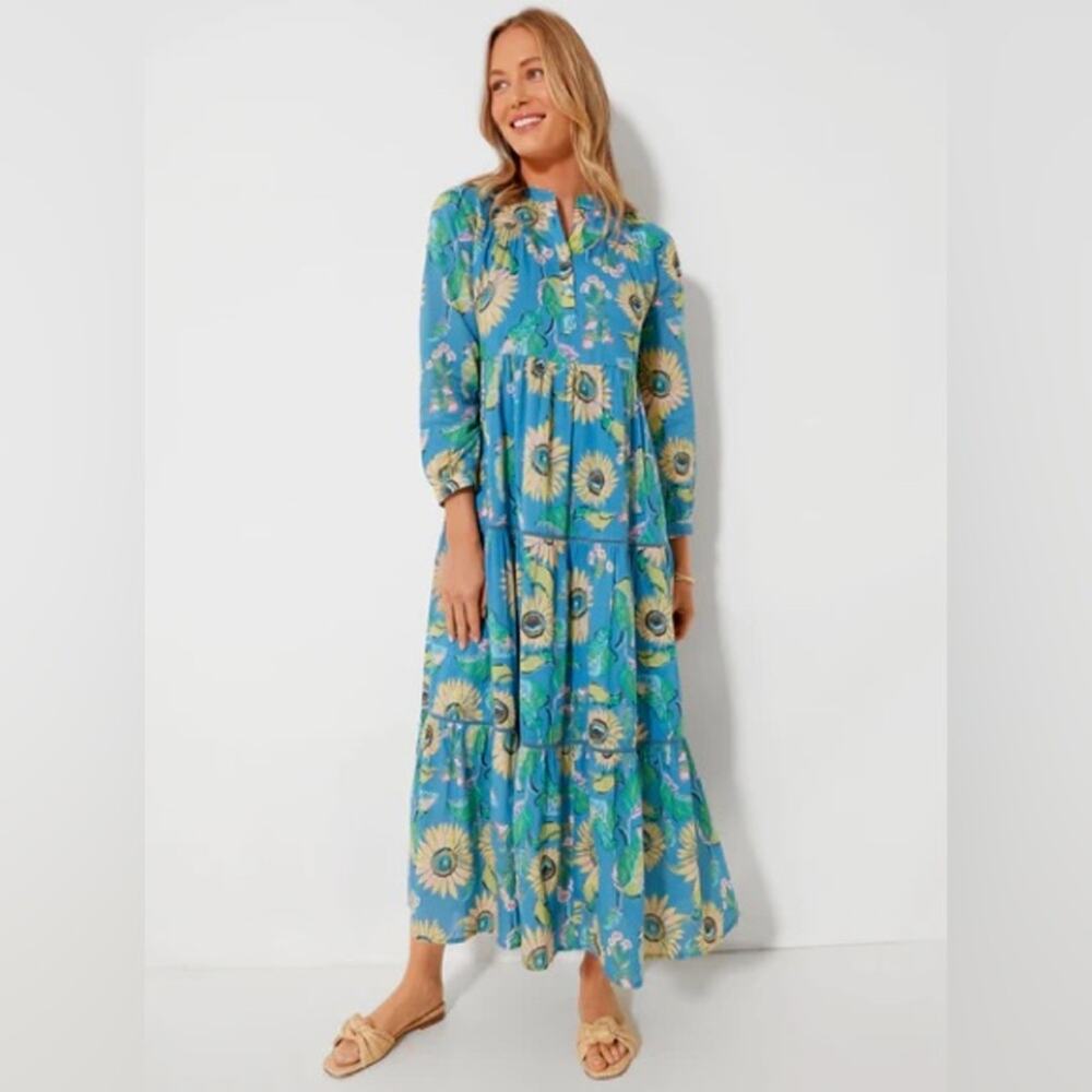 Ro’s Garden Tuckernuck Light Blue Julie Rio Floral Long Sleeve Midi Dress XS